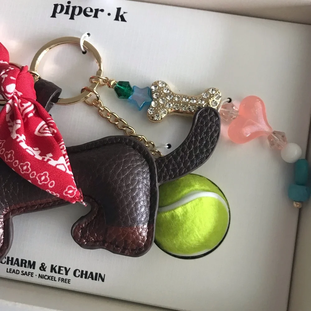 Piper K Dachshund Doggie Tennis Ball Rhinestone Key Chain Bag Charm